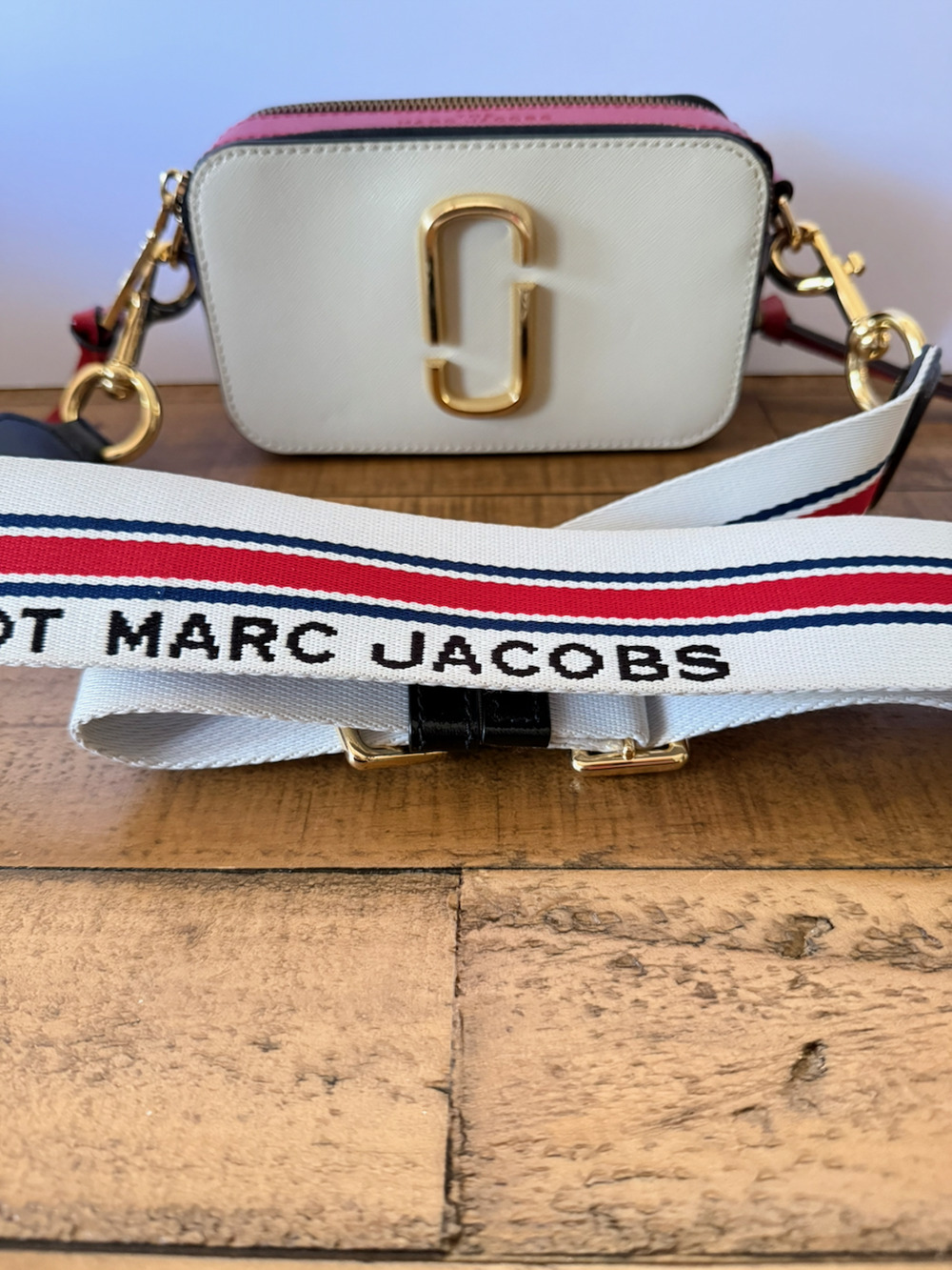 Marc Jacobs The Snapshot Bag Womens Small White Leather Crossbody Stripe